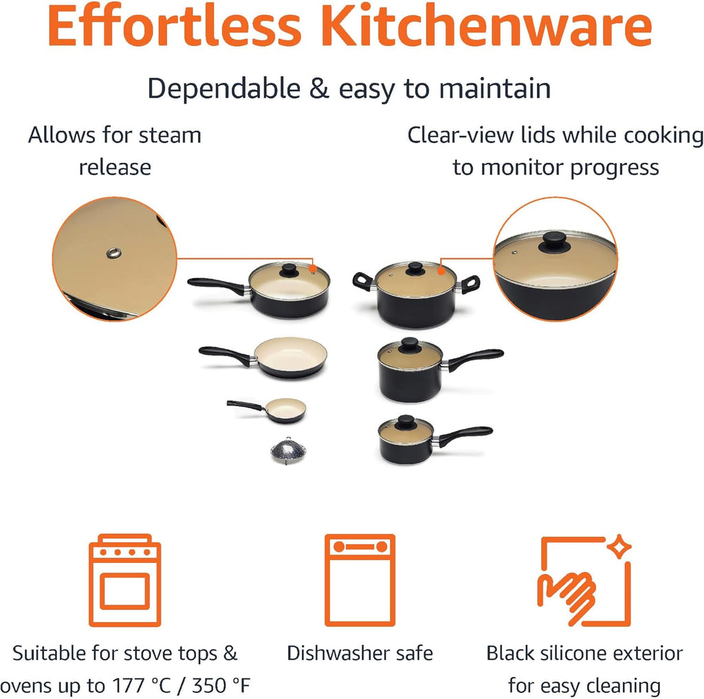 Amazon Basics 11-Piece Ceramic Non-Stick Pots and Pans Set, Dishwasher & Oven Safe, Easy Clean, Glass Lids, Black/Cream