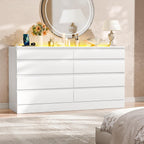 8 Drawer Dresser with Power Outlet, Modern Chest of Drawers with LED Light & Glass Top, Wood Double Dresser TV Stand with Organizer Storage for Bedroom, Living Room, Closet (White)
