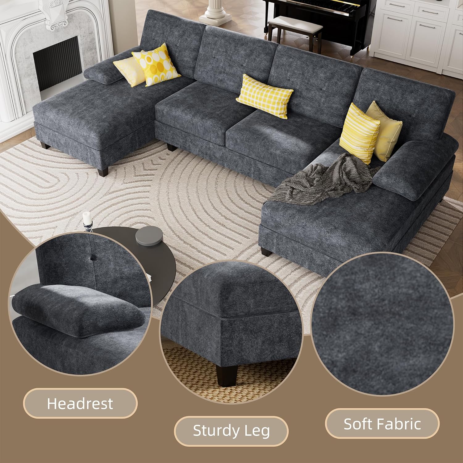 Shintenchi U-Shaped Sectional Couches for Living Room, 4 Seat Sofa with Double Chaise Lounges,Solid Wood Frame Sectional Sofa for Apartment,Dark Grey