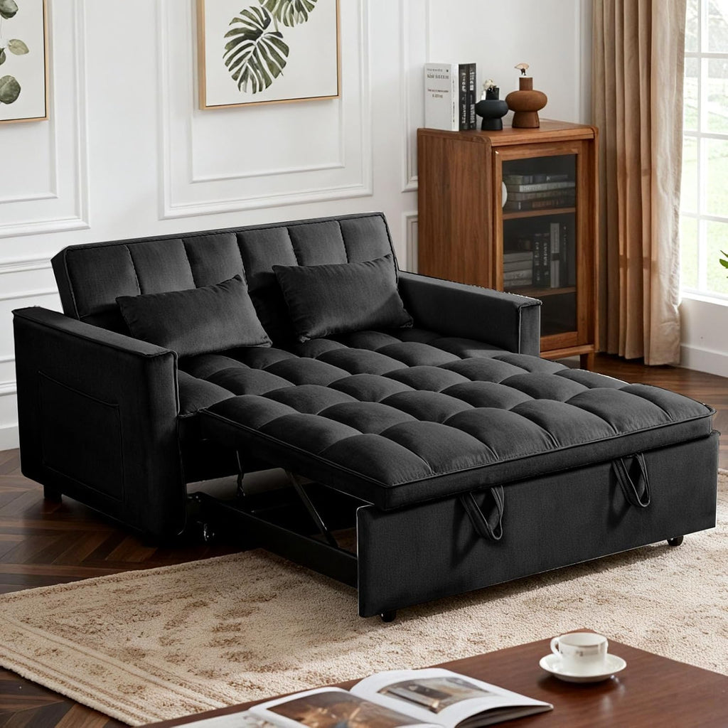 Convertible Sofa Bed, Pull Out Couch with Side Pockets, 3 in 1 Velvet Fabric Loveseat Sleeper Sofa Bed, Pull Out Couch with Adjustable Backrest for Living Room, Bedroom, Apartment, Black