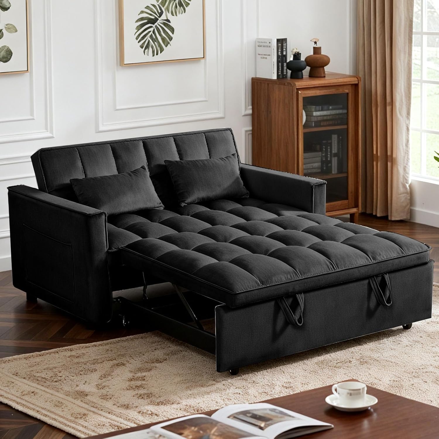 Convertible Sofa Bed, Pull Out Couch with Side Pockets, 3 in 1 Velvet Fabric Loveseat Sleeper Sofa Bed, Pull Out Couch with Adjustable Backrest for Living Room, Bedroom, Apartment, Black