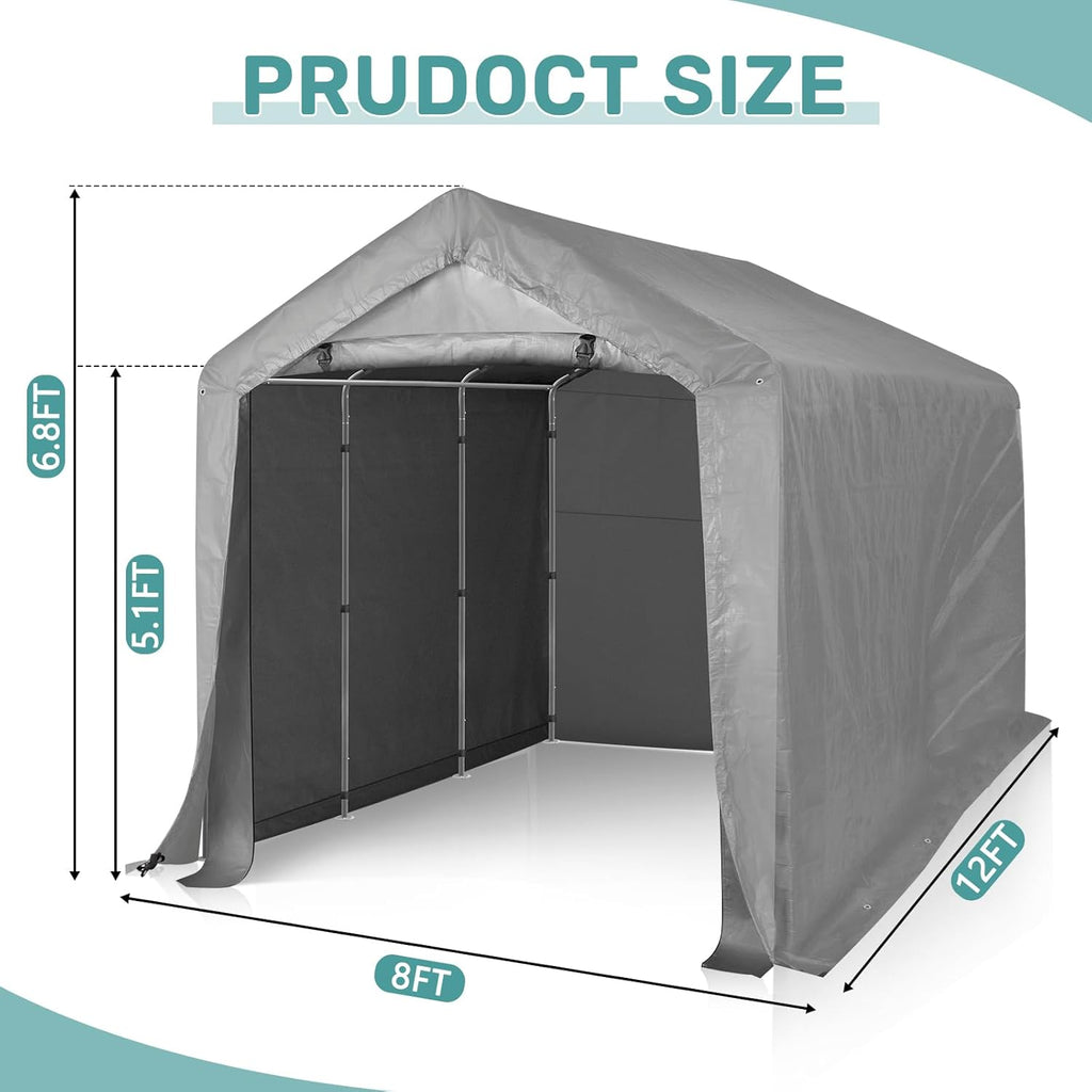 VINGLI 8x12 FT Outdoor Portable Storage Shed, Heavy Duty Bike Tent with Roll-up Zipper Door, Waterproof and UV Resistent Carport for Motorcycle, Garden Tools, Firewood, Gray