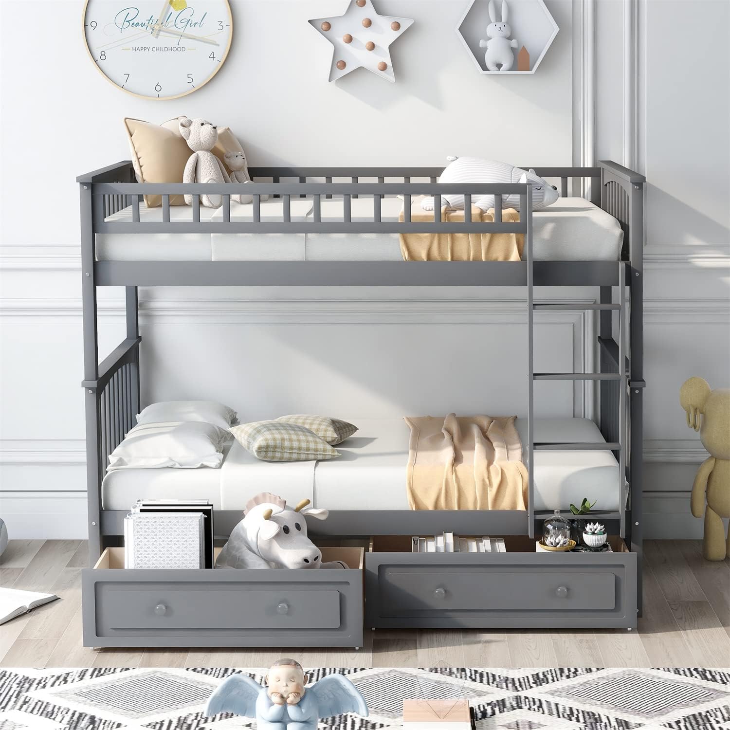 Merax Twin Over Twin Bunk Bed with 2 Storage Drawers and Ladder, Can be Devided into 2 Beds, No Spring Box Needed, Grey