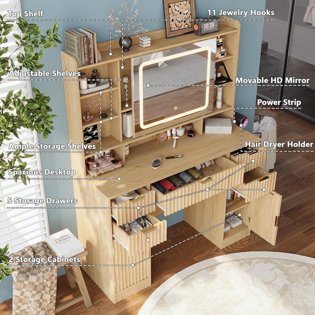 43.3" Fluted Vanity Desk with Mirror and Lights, Wood Makeup Vanity Desk with Charging Station & Mobile Mirror, Modern Dressing Table with Adjustable Shelves & Jewelry Hooks for Girls, Women, Oak