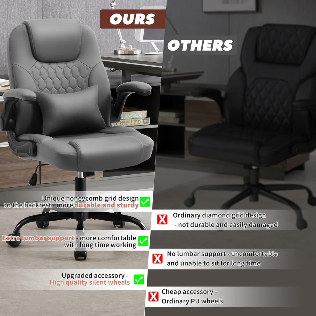 Executive Office Chair PU,Leather Office Chair with Wheels,360° Swivel Rolling Chair with Padded Arms,Ergonomic Computer Chair with Lumbar Support for Short People Use (Grey)