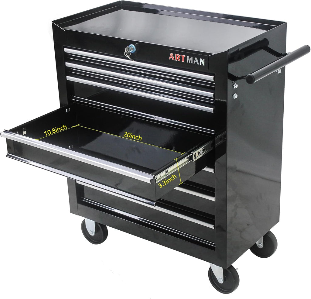 7-Drawer Rolling Tool Chest Cabinet, Large Capacity Metal Tool Box with Wheels and Keyed Locking, Roll Around Storage Organizer Tool Cart for Garage, Warehouse, Work Shop (Black04)