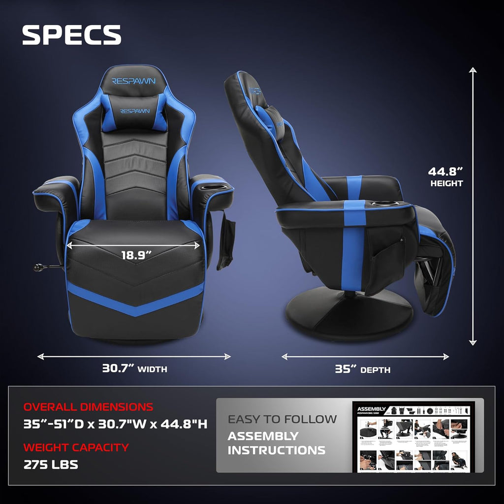 RESPAWN 900 Console Gaming Recliner with Footrest and Lumbar Support - Comfortable Ergonomic Gaming Chair with Headrest, No Wheels, Reclining, Heavy Duty, Racing Style Video Game Chairs - Blue
