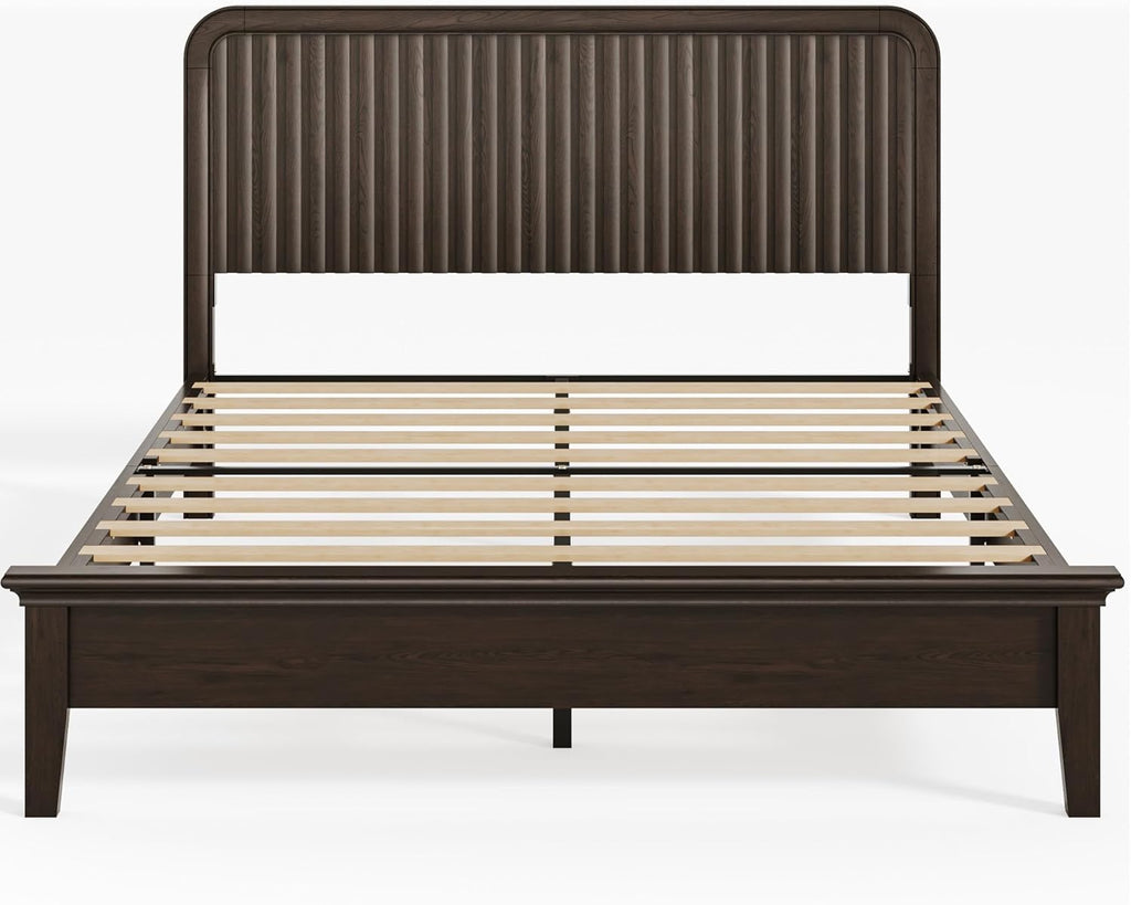 Lifezone Wood Queen Bed, Solid Wood Bed with Flutted Headboard, American Vintage Design, Slats Support, Noise-Free, Sturdy Structure, Easy Assembly, Walnut
