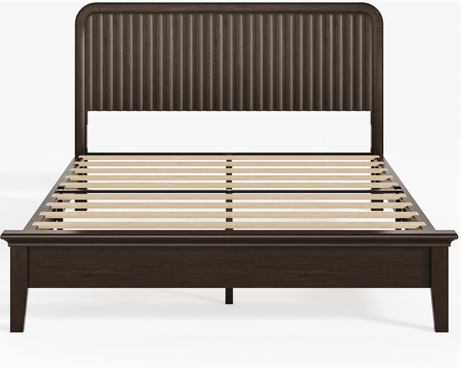 Lifezone Wood Queen Bed, Solid Wood Bed with Flutted Headboard, American Vintage Design, Slats Support, Noise-Free, Sturdy Structure, Easy Assembly, Walnut