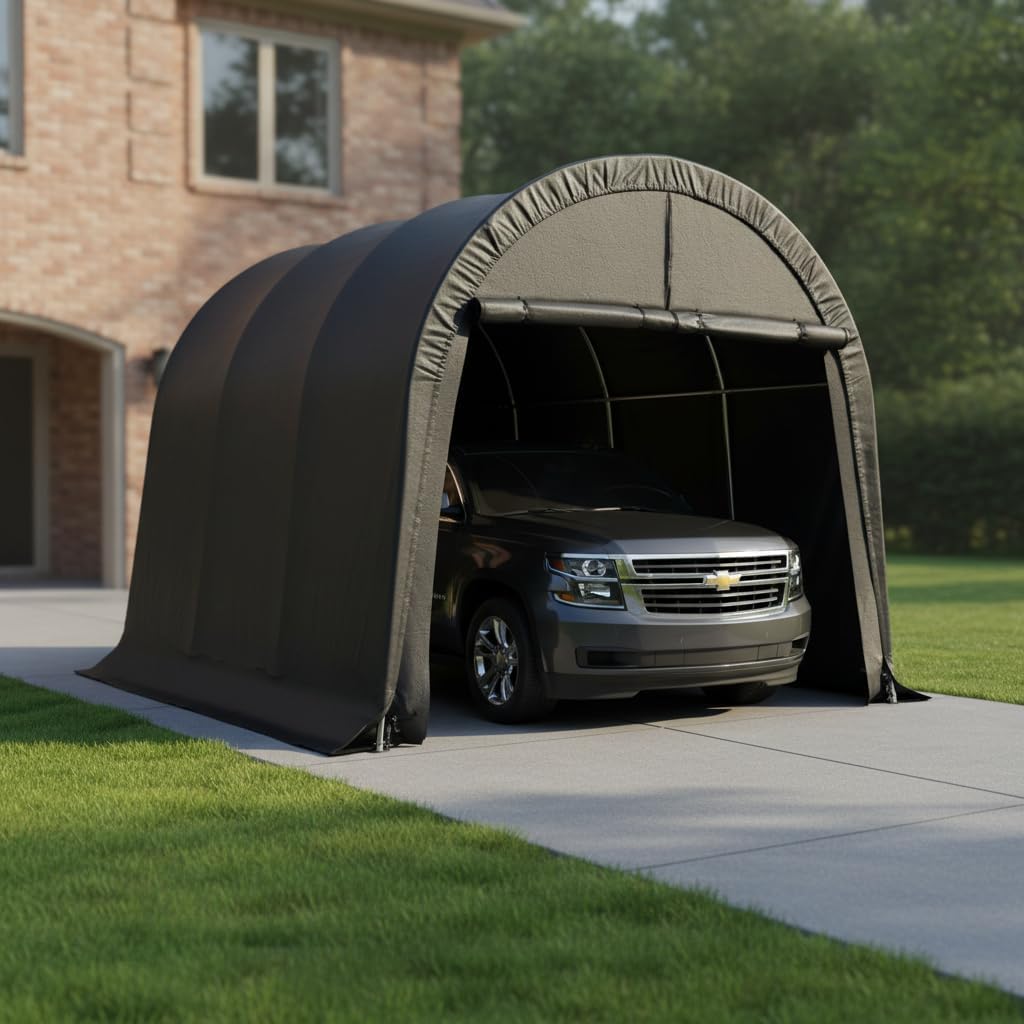 10x15 FT Heavy Duty Carport, Portable Garage with Reinforced All-Steel Frame and Round Style Roof, Anti-Snow All Covered Car Canopy Outdoor Waterproof Storage Shelter for Car,Truck,Boat