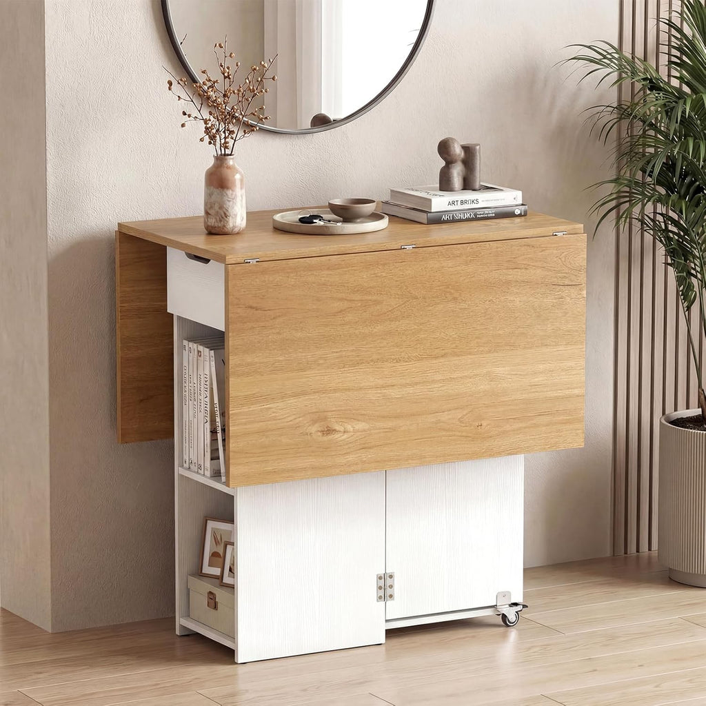 Giantex 47.5" Folding Dining Table for 2-4, Drop Leaf Wooden Dinner Table with 2-Tier Storage Shelf and Drawer, Lockable Wheels, Space Saving Kitchen Tables for Dinette, Small Space (White+Natural)