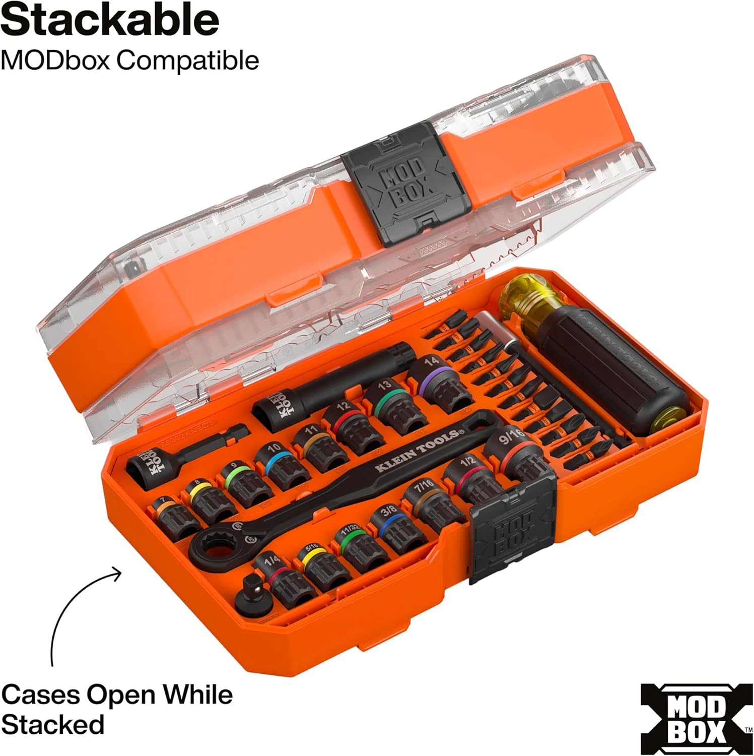 Klein Tools 65302KNECT Impact Socket Set, KNECT (S) 33-Piece SAE and Metric Pass-Through Socket Tool Set, Impact Driver Adapter, MODbox Tool Organization