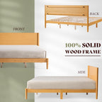 AMERLIFE Solid Wood Queen Bed Frame, Mid Century Modern Platform Bed with Full Panel Headboard, Wooden Bed with Cylindrical Legs, No Box Spring Needed & Noise-Free, Natural Wood