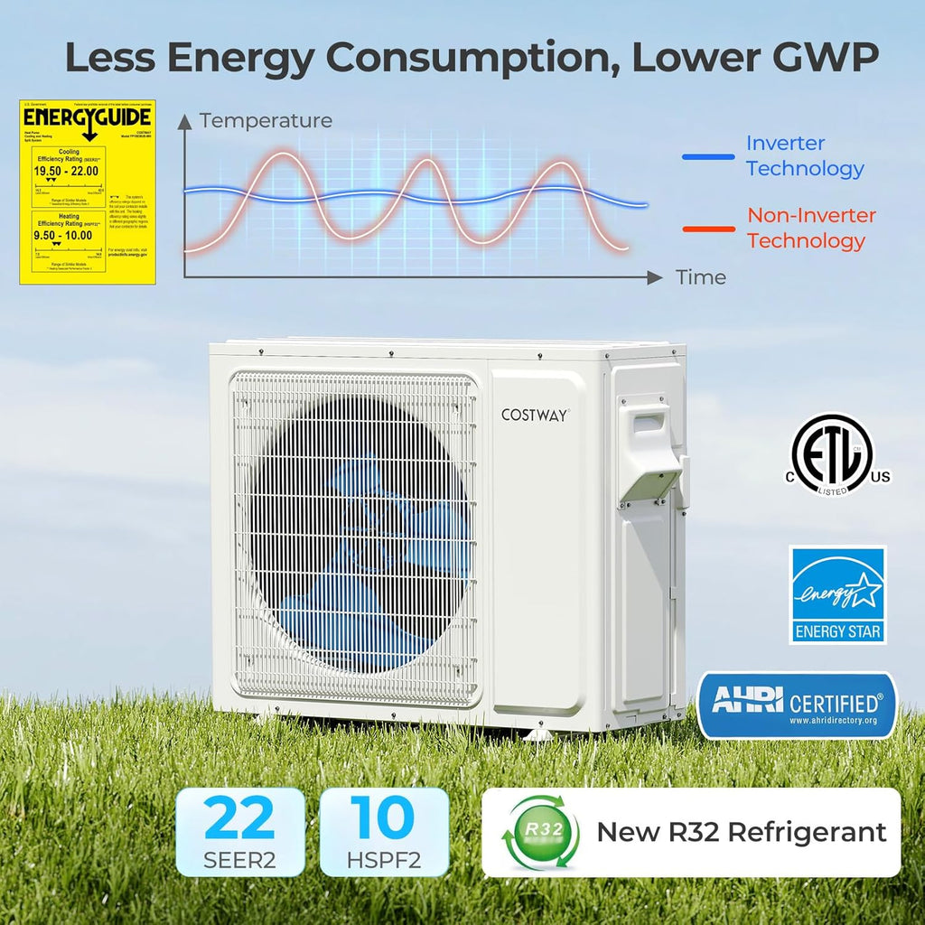 COSTWAY 18k Dual 2 Zone Mini Split Air Conditioner, 22 SEER2 7000 BTU+ 7000 BTU, 208-230V, Wifi Enabled Multi Zones Mini Split AC Heat Pump Full Set, Ductless Energy Star