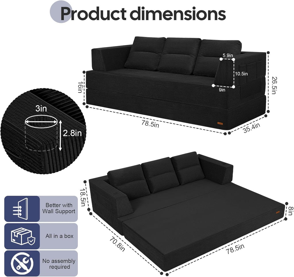 COMAX Futon Sofa Bed Queen, 79" Convertible Sofa Bed Couches for Living Room, 4 in 1 Folding Boneless Sleeper Corduroy Couch Loveseat Foam In a Box, Comfy Foldable Lounge Fold Out Floor Mattress Black