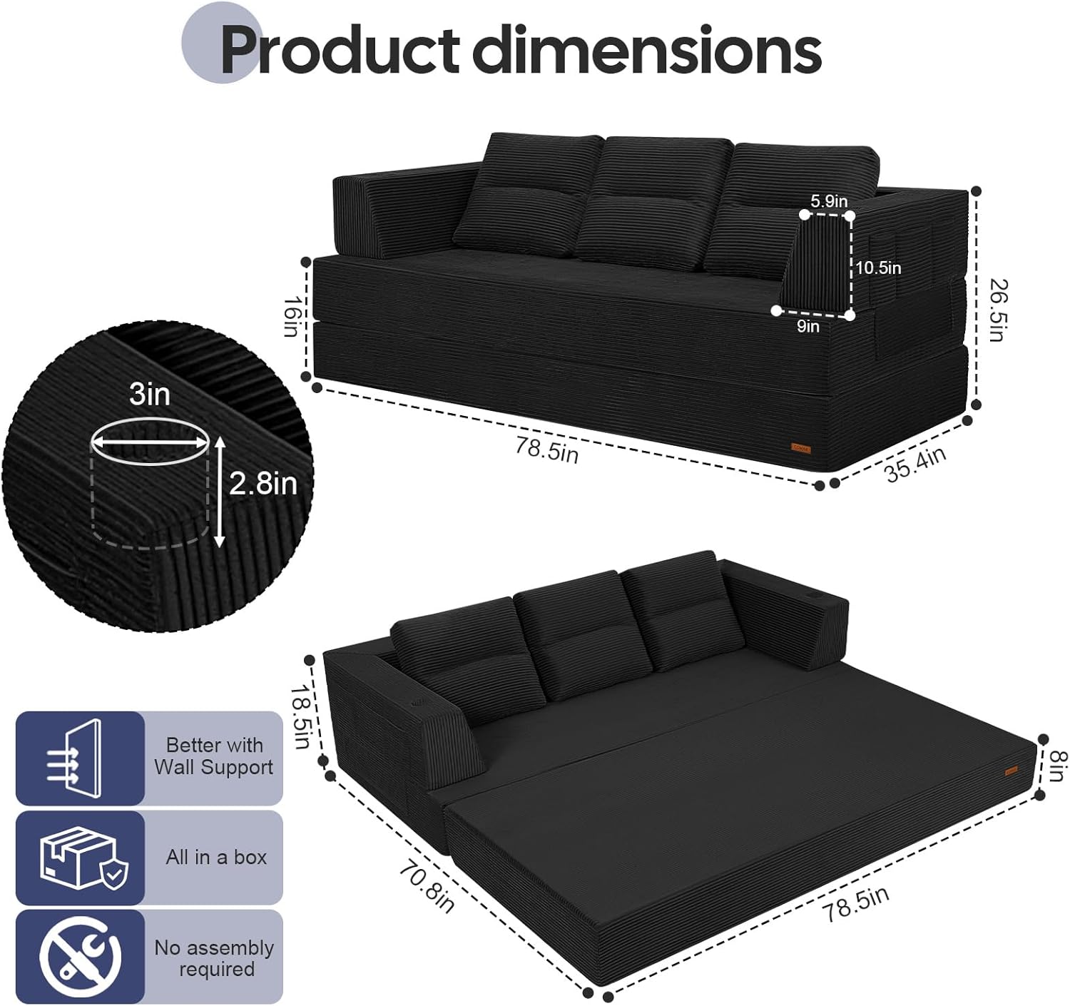 COMAX Futon Sofa Bed Queen, 79" Convertible Sofa Bed Couches for Living Room, 4 in 1 Folding Boneless Sleeper Corduroy Couch Loveseat Foam In a Box, Comfy Foldable Lounge Fold Out Floor Mattress Black