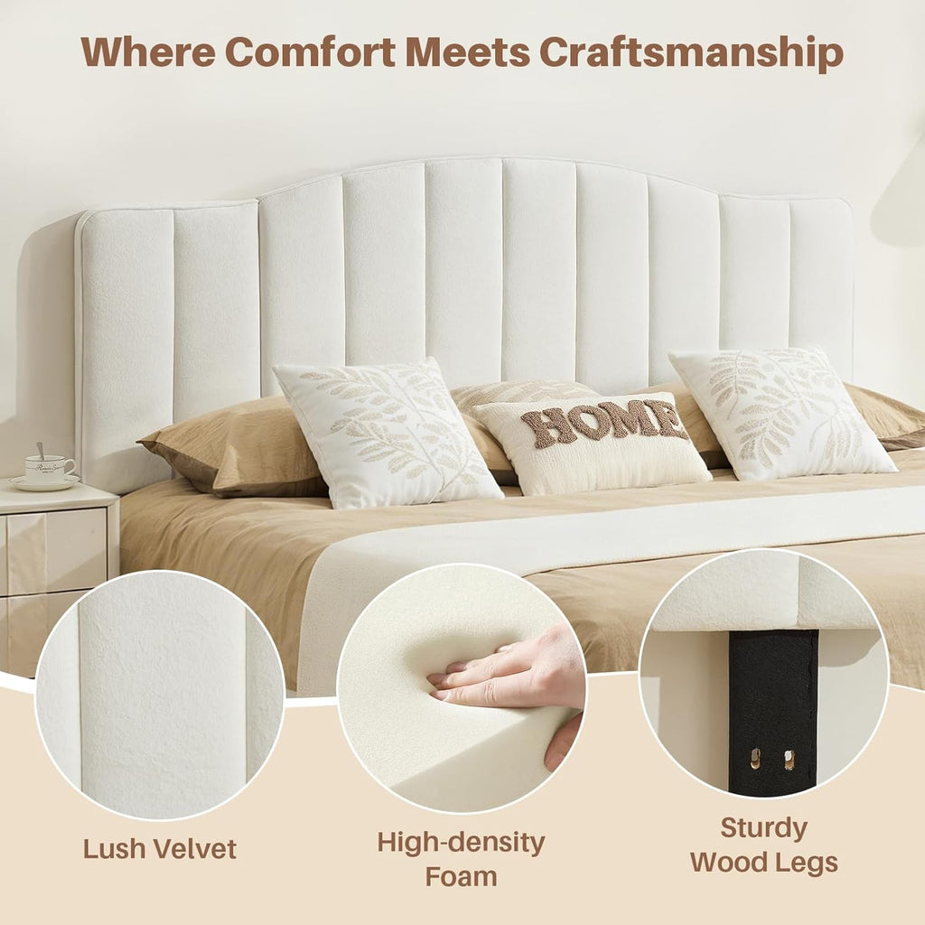 King Size Headboard Only, Upgraded One-Piece Bed Headboards Adjustable Height&Width Upholstered California King Headboard, Modern Vertical Channel Design Lush Velvet Head Board, White