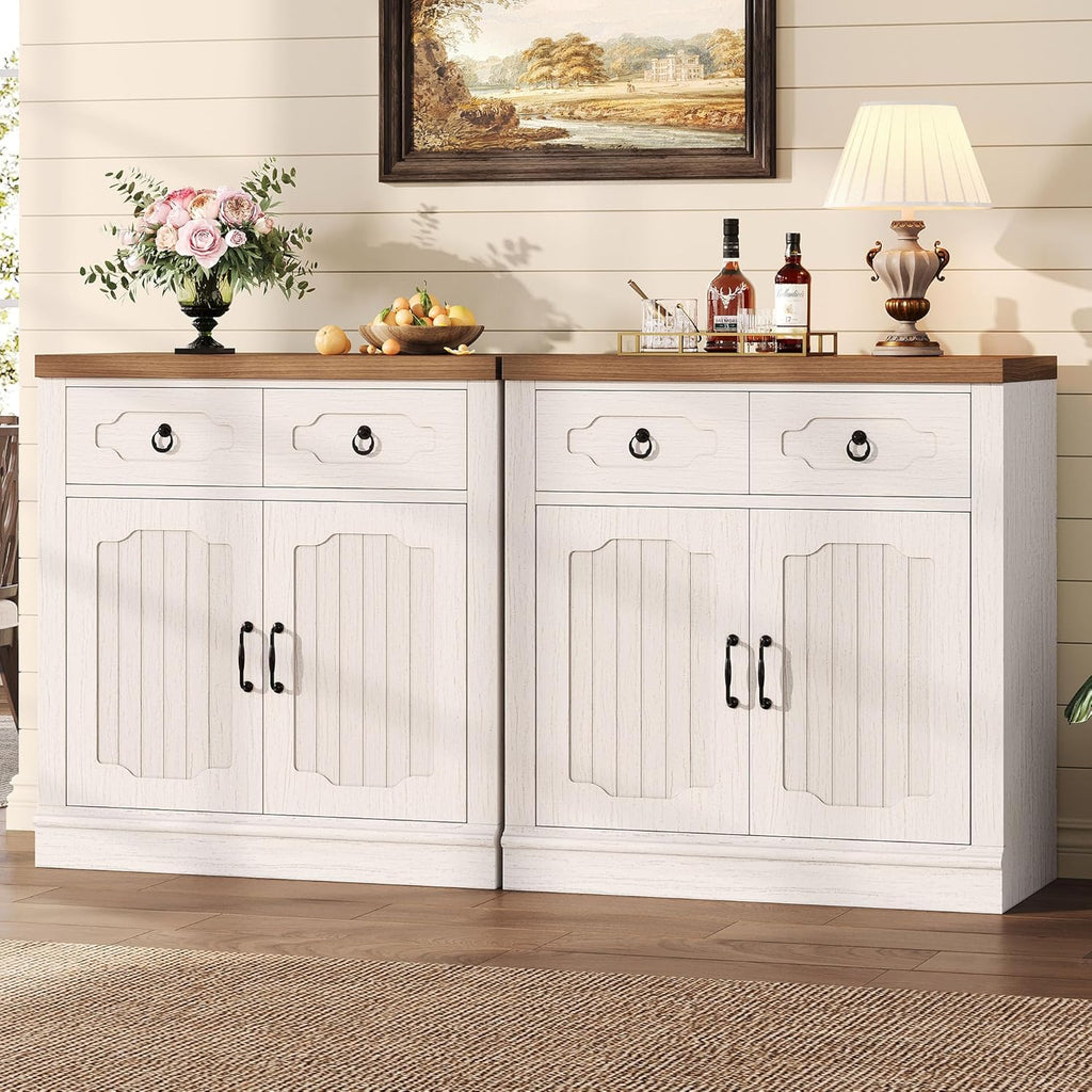 LIKIMIO Storage Cabinet with Doors and Shelves, Farmhouse Kitchen Cabinet with 2 Drawers and Adjustable Shelf, Coffee Bar Cabinet Buffet Sideboard Cabinet for Dining Room, Bathroom, Entryway, White