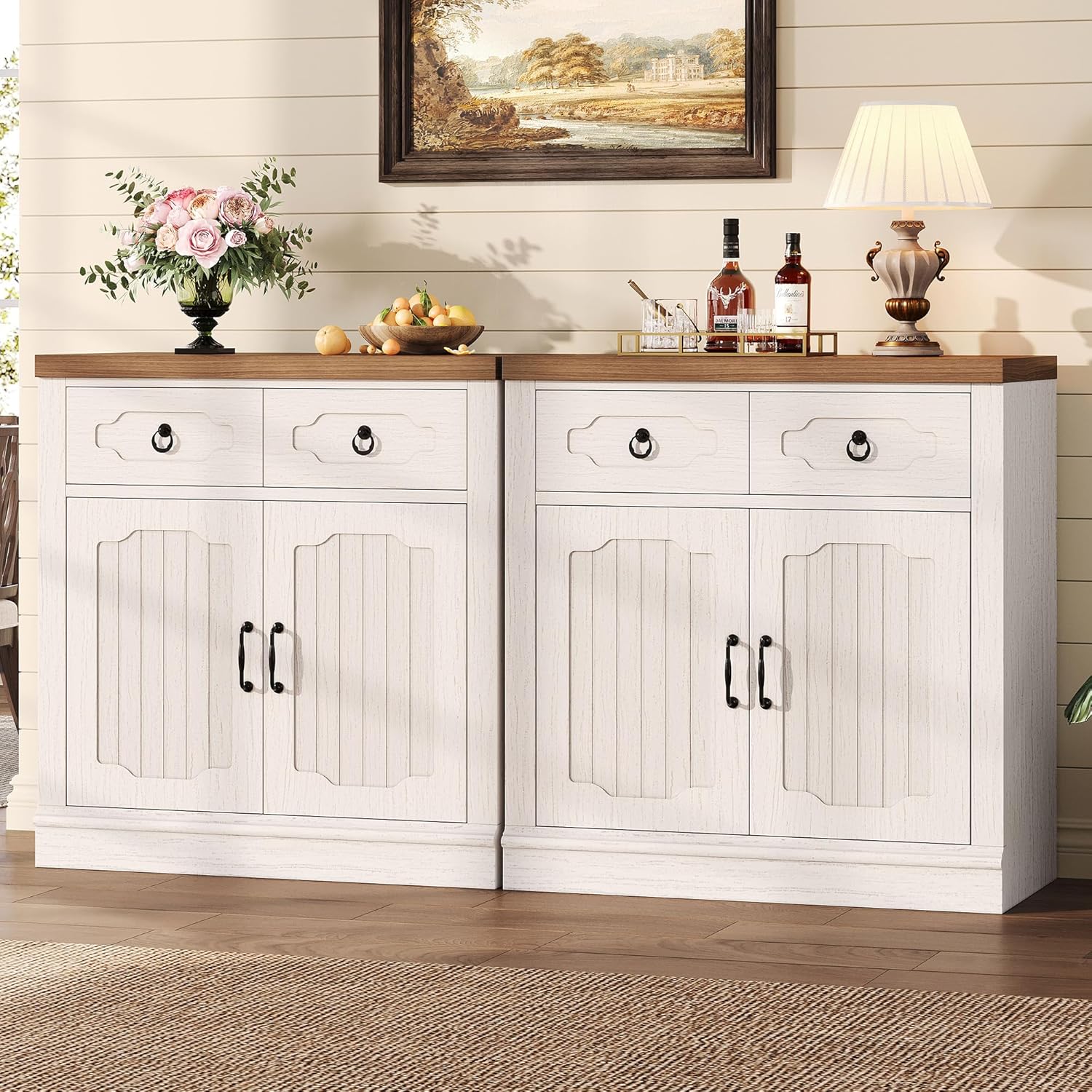 LIKIMIO Storage Cabinet with Doors and Shelves, Farmhouse Kitchen Cabinet with 2 Drawers and Adjustable Shelf, Coffee Bar Cabinet Buffet Sideboard Cabinet for Dining Room, Bathroom, Entryway, White