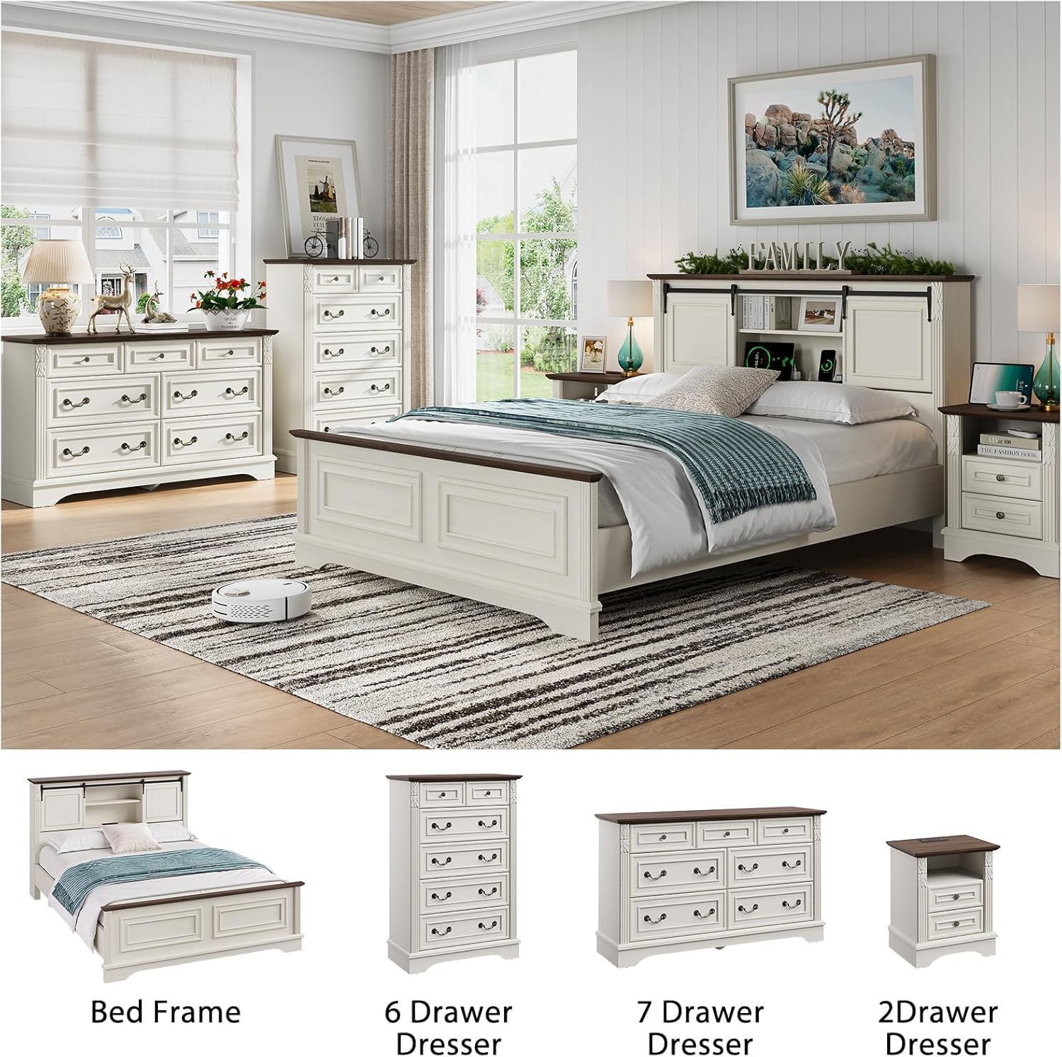 BLANKSPACE Farmhouse Dresser with 6 Drawers, Antique White Dresser for Bedroom, Hallway, Living Room, or Office Storage