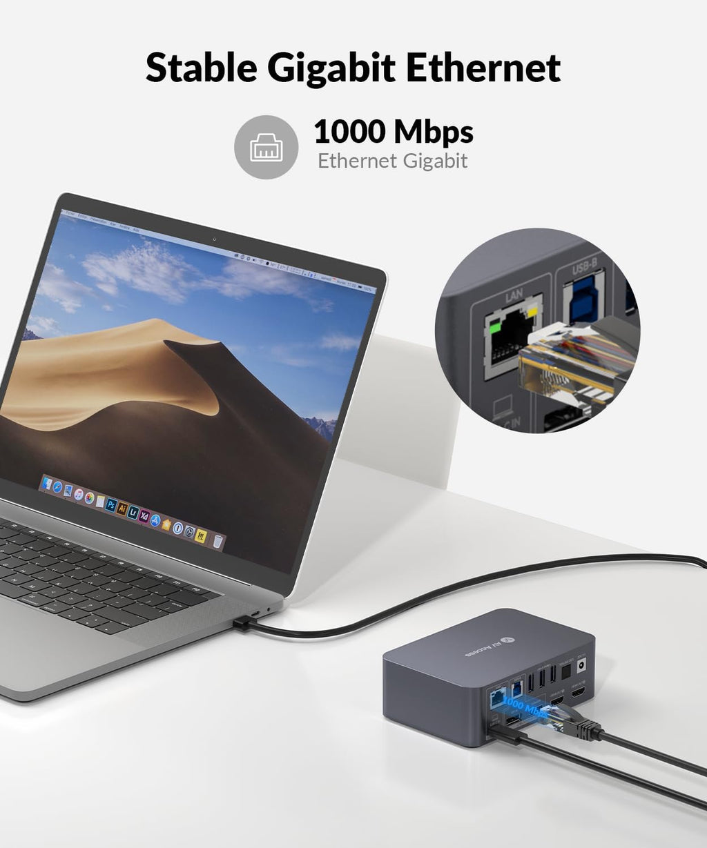 AV Access Docking Station Dual Monitor  KVM Switch 2 Monitors 2 Computers (Laptop & Desktop)  USB-C Charge & Ethernet for Laptop  EDID  4K@60Hz Dual HDMI Output  120W Power Adapter  5xUSB  Audio  SD
