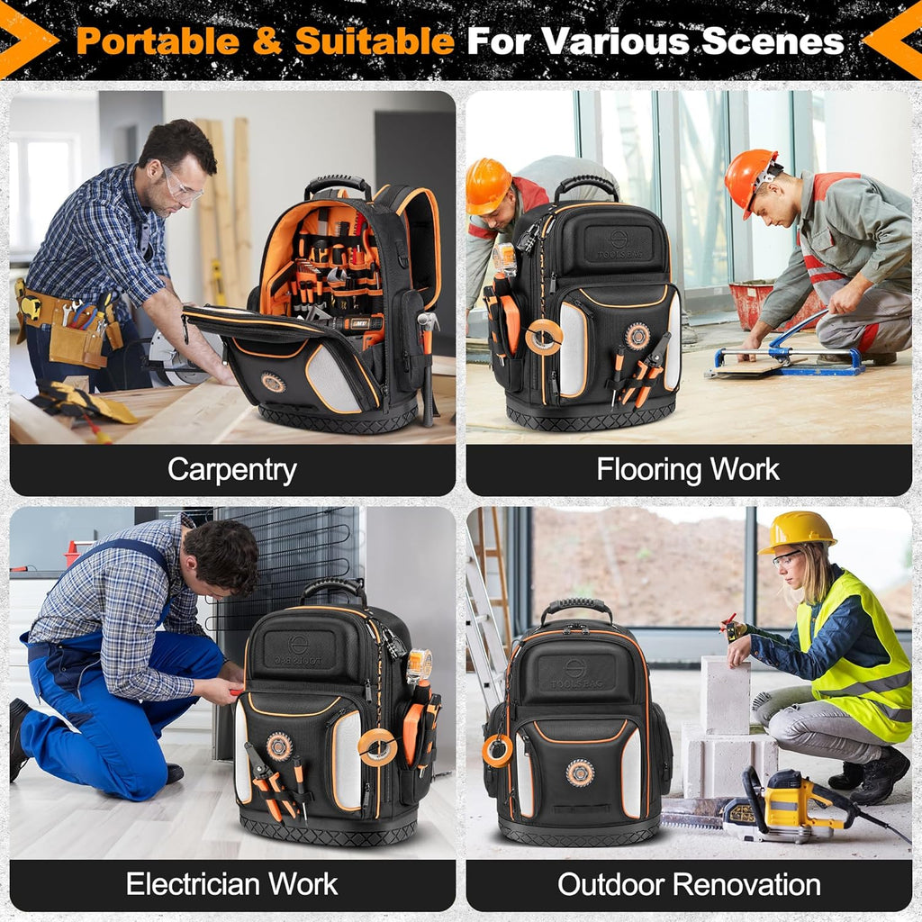 Tool Bag Backpack, 75 Pockets & Loops Heavy Duty Tools Organizer Bags/HVAC Tool Carrier for Eelectrician/Construction Work with Molded Base and Combination Lock, Large, Black and Orange