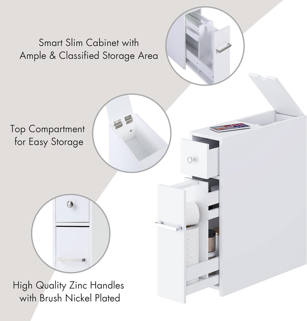 Spirich Slim Bathroom Storage Cabinet, Free Standing Toilet Paper Holder, Bathroom Cabinet Slide Out Drawer Storage, White