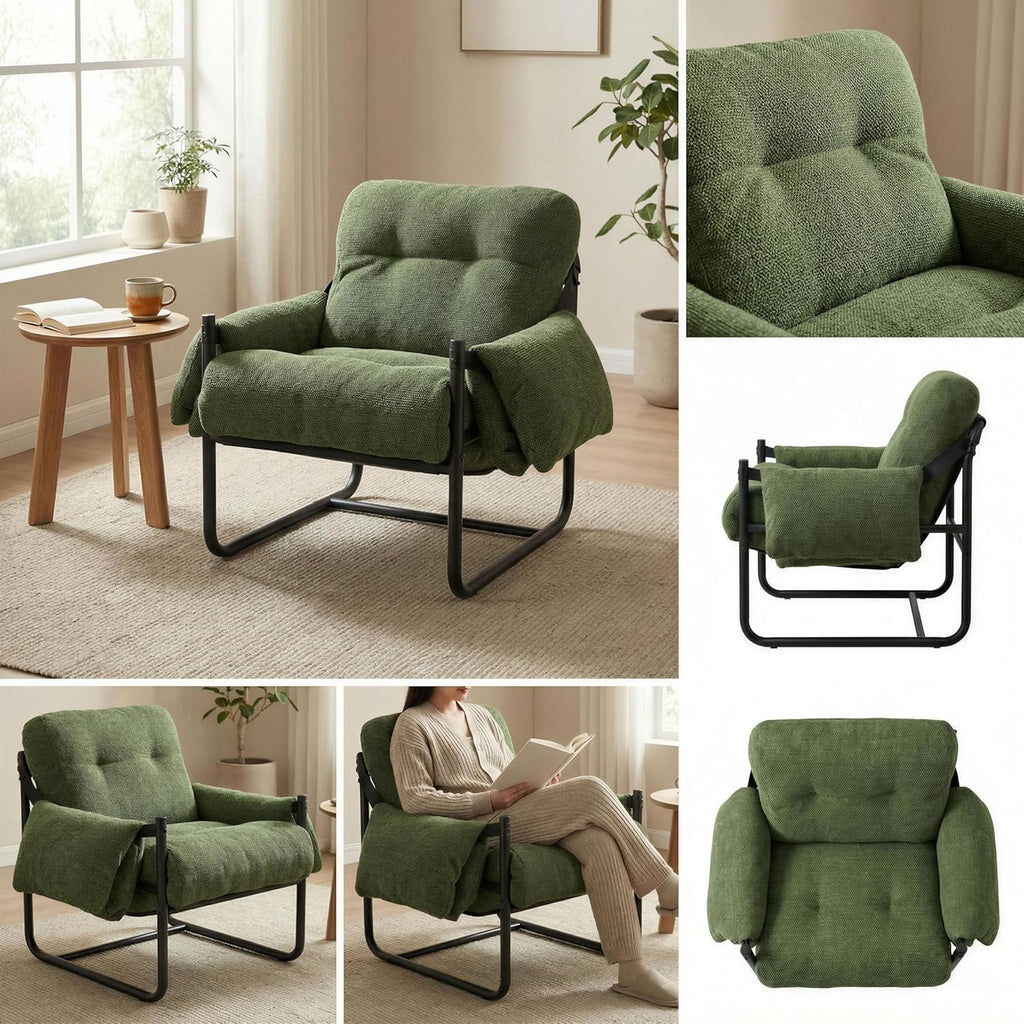 Kinfant Mid Century Modern Accent Chair, Chunky Upholstered Armchair with Metal Frame, Oversized Lounge Chair for Living Room Bedroom Small Spaces, Textured Chenille Fabric, Green