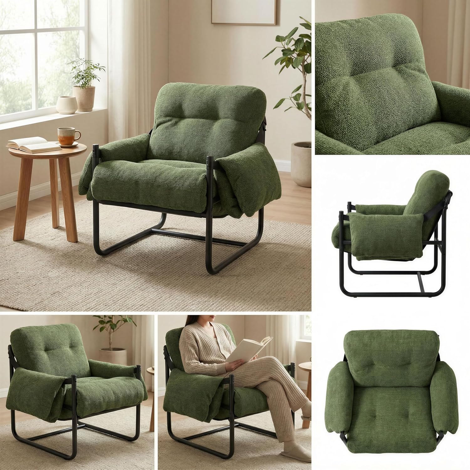 Kinfant Mid Century Modern Accent Chair, Chunky Upholstered Armchair with Metal Frame, Oversized Lounge Chair for Living Room Bedroom Small Spaces, Textured Chenille Fabric, Green