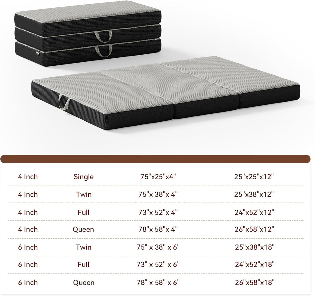 Memory Foam Trifold Mattress, Queen Portable Floor Bed 6 Inch, Foldable Mat with Washable Cover, Handle & Non-Slip Bottom, for RV, Travel, Camping, Yoga, 78"x58"x6", Grey