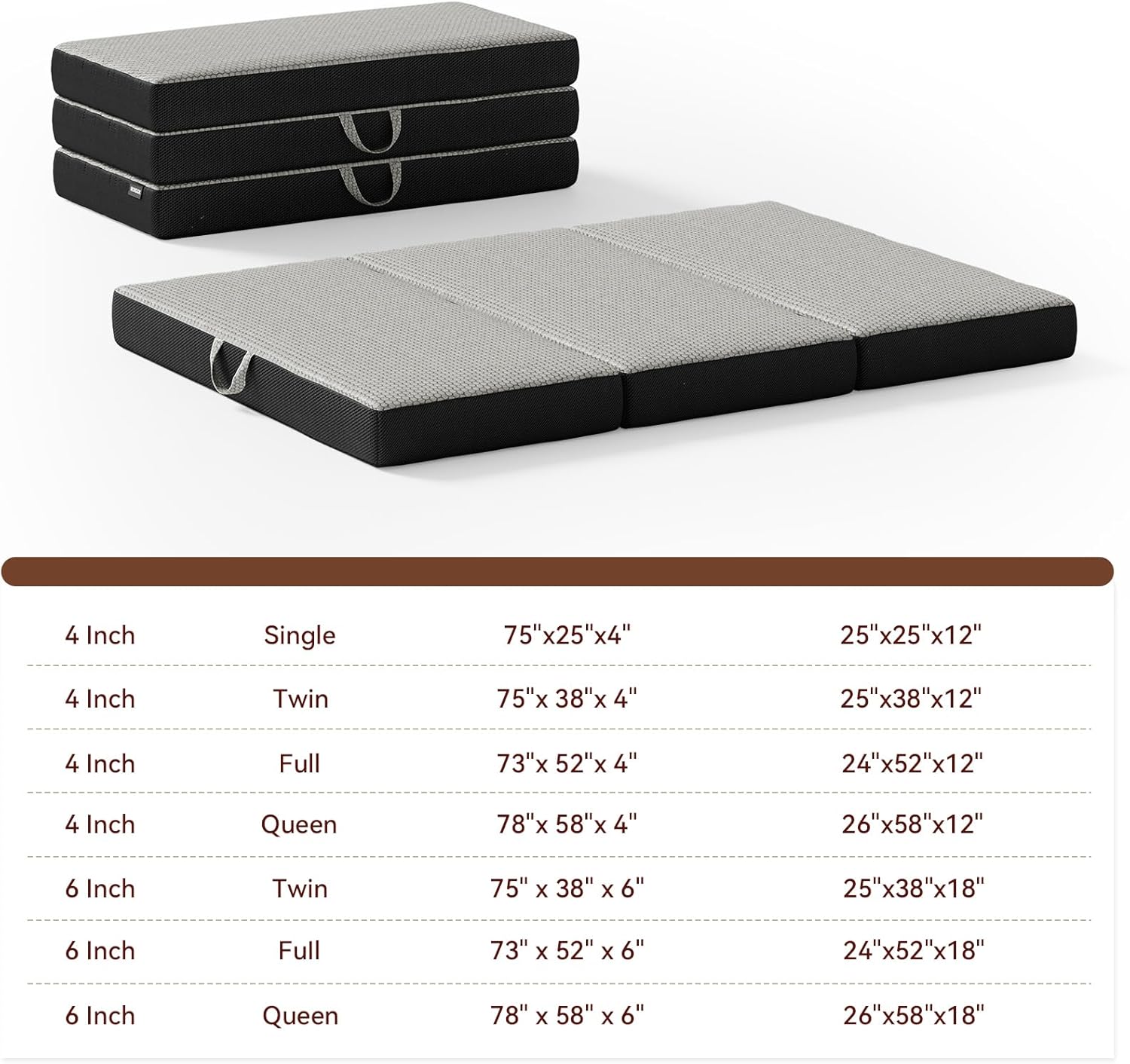 Memory Foam Trifold Mattress, Queen Portable Floor Bed 6 Inch, Foldable Mat with Washable Cover, Handle & Non-Slip Bottom, for RV, Travel, Camping, Yoga, 78"x58"x6", Grey