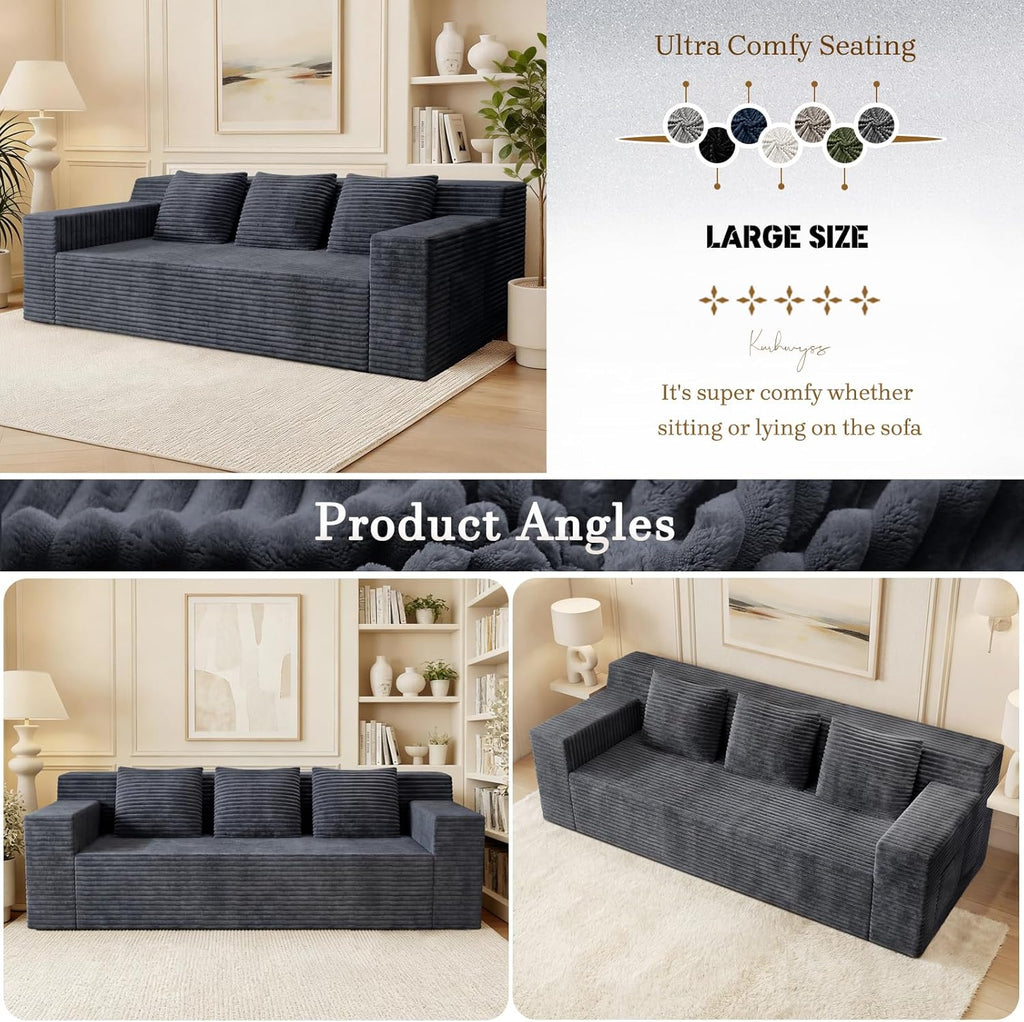 71" Corduroy Living Room Sofa, 3 Setaser Deep Seat Couch with 3 Lumbar Pillows, Comfy Boneless Sofa Modern Compressed Couch for Bedroom, Office, Apartment, No Assembly, Flat Armrests (Dark Grey)