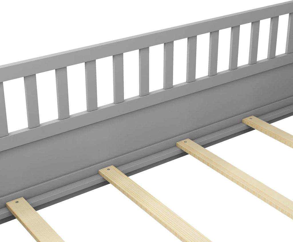 Full Floor Bed with Slats, High Fence and Door, Montessori Floor Bed Full Size, No Box Spring Needed, Easy Assemble Floor Bed(Gray Full)