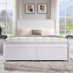 Modern Queen Size Bed Frame with 50" Tall Headboard, Wood Queen Size Platform Bed Frame w/3 Storage Drawers, Curved Profile Design, Wood & Steel Platform Bed, No Box Spring Needed, White