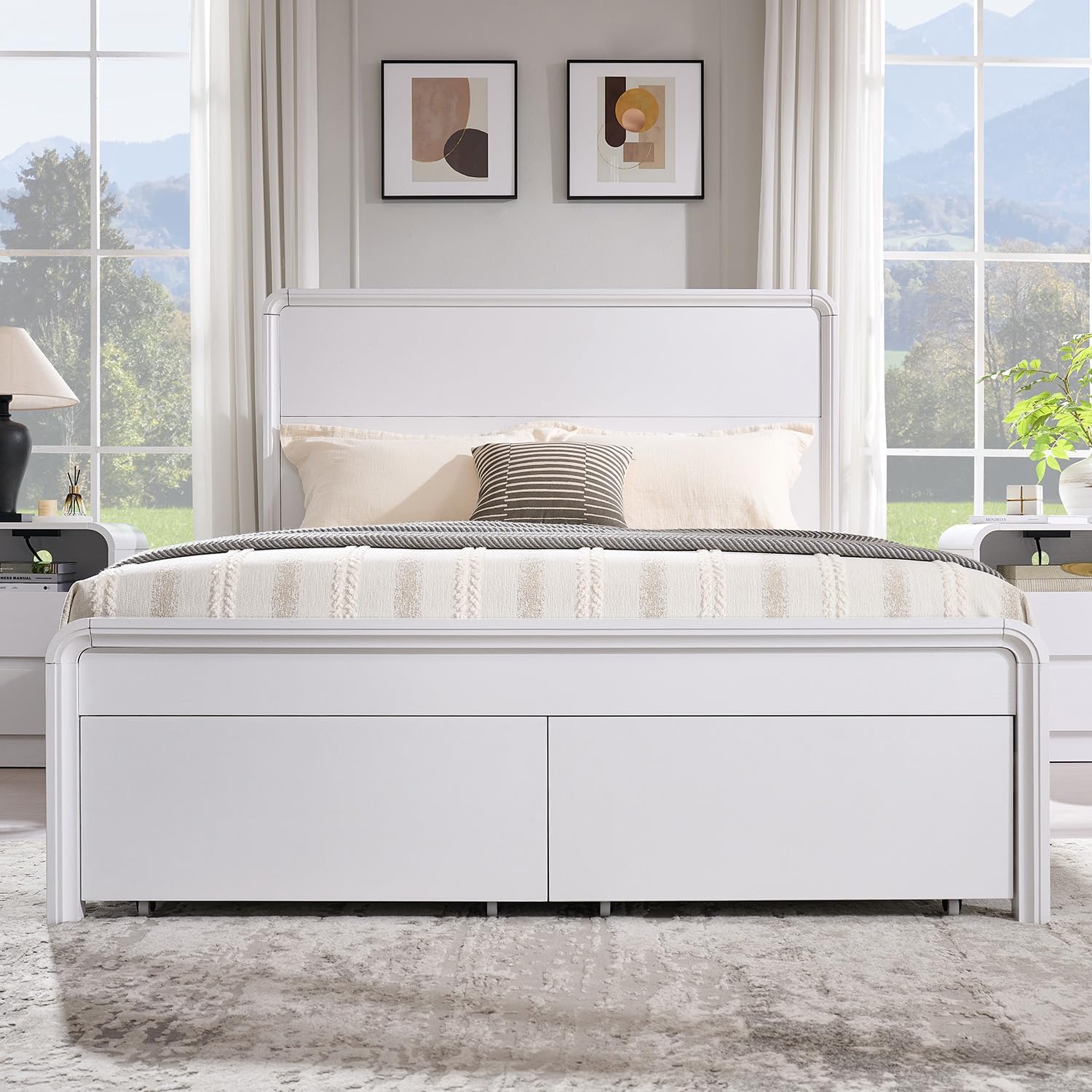 Modern Queen Size Bed Frame with 50" Tall Headboard, Wood Queen Size Platform Bed Frame w/3 Storage Drawers, Curved Profile Design, Wood & Steel Platform Bed, No Box Spring Needed, White