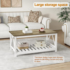 Farmhouse Coffee Table for Living Room, 2-Tier Rectangular Wooden Centre Cocktail Table with Slats Shelf Storage and V-Shaped Frame (Walnut Top)