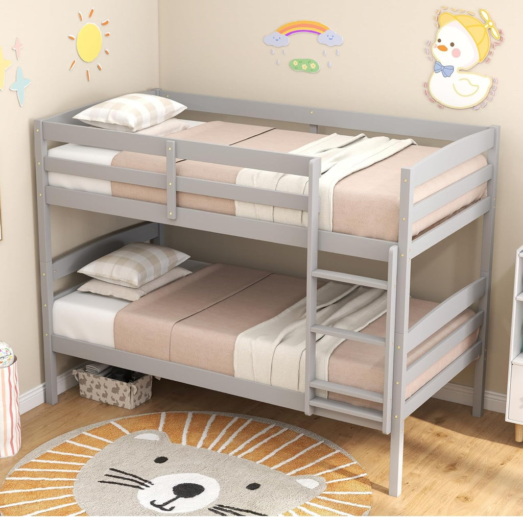 KOMFOTT Bunk Bed Twin Over Twin, Bed Frame w/Full-Length Guardrail & Integrated Ladder, Wood Bunk Bed for Small Space, Converts to 2 Individual Beds for Kids & Adults, No Box Spring Needed