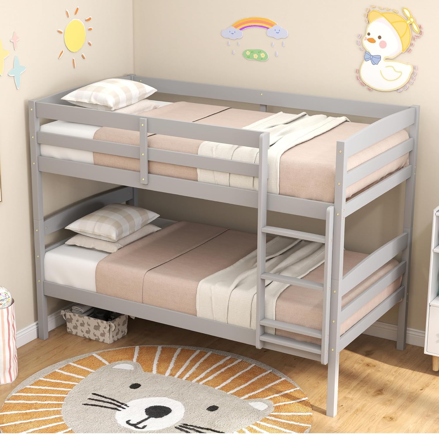 KOMFOTT Bunk Bed Twin Over Twin, Bed Frame w/Full-Length Guardrail & Integrated Ladder, Wood Bunk Bed for Small Space, Converts to 2 Individual Beds for Kids & Adults, No Box Spring Needed