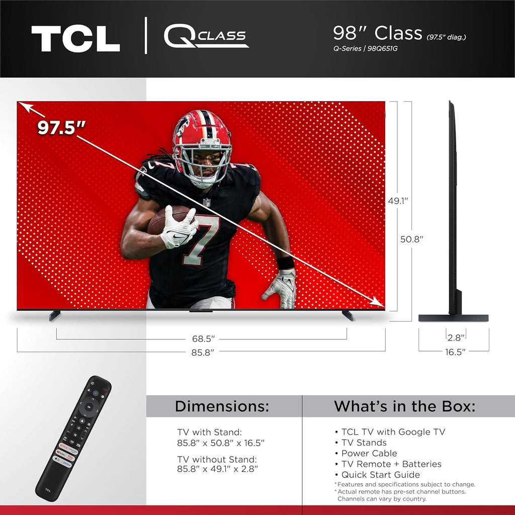 TCL 98-Inch Q65 QLED 4K UHD Smart TV with Google TV (98Q651G  2024 Model) Dolby Vision  Dolby Atmos  HDR Pro+  Game Accelerator Enhanced Gaming  Voice Remote  Works with Alexa  Streaming Television
