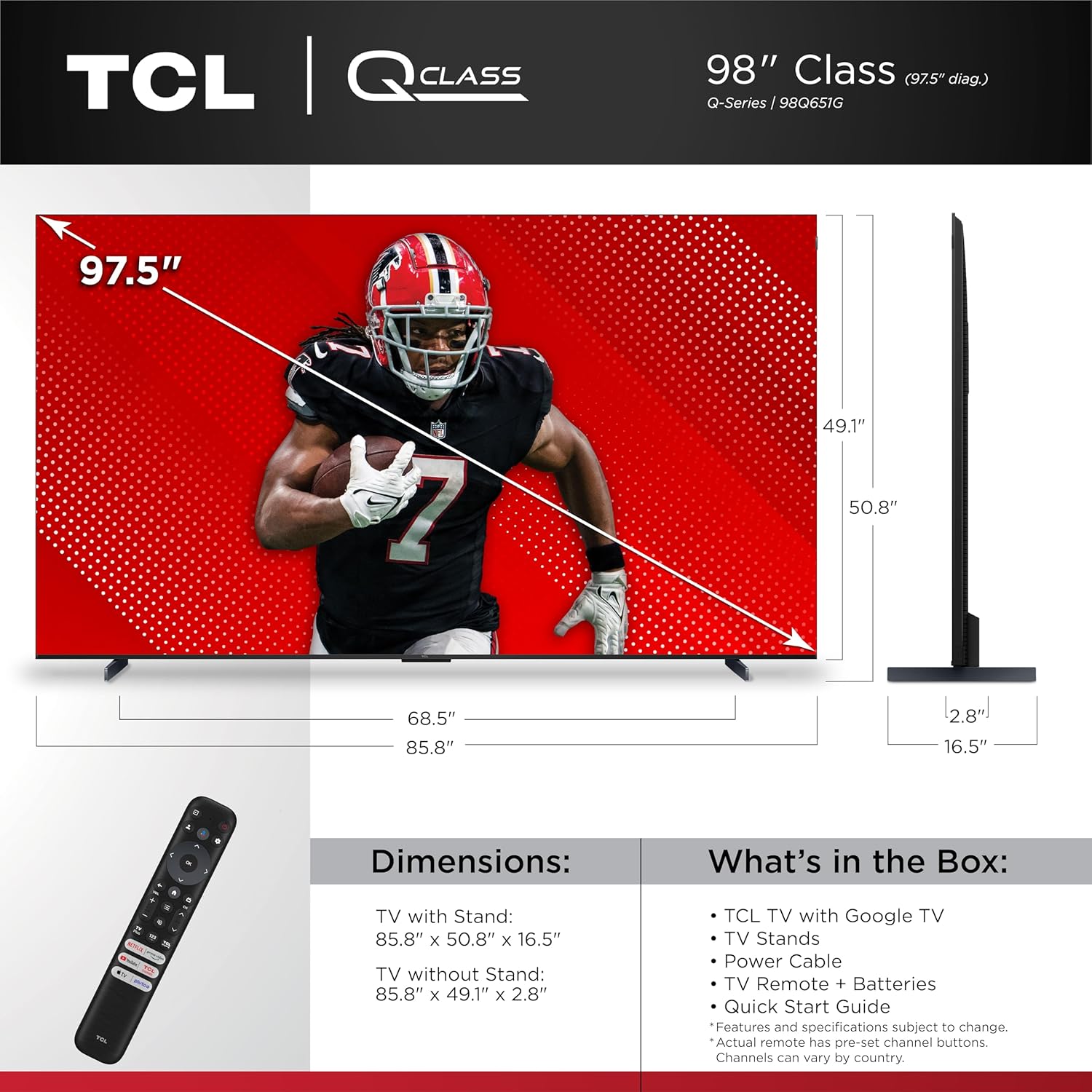 TCL 98-Inch Q65 QLED 4K UHD Smart TV with Google TV (98Q651G  2024 Model) Dolby Vision  Dolby Atmos  HDR Pro+  Game Accelerator Enhanced Gaming  Voice Remote  Works with Alexa  Streaming Television