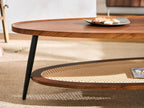 Shrine Oval Wood and Rattan Coffee Table, Mid-Century Modern Coffee Table, Two-Tier Brown Walnut Table for Living Room, D47.2''x W25''x H15.3'', Walnut Wood Top and Woven Rattan Base