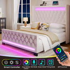 Rolanstar Full Bed Frame with LED Light and Charging Station, Upholstered High Headboard and Footboard, Wood Slats, Noise Free, Easy Assembly, Beige