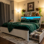 EnHomee Queen Bed Frame with Headboard, Bed Frame Queen Size with 4 Storage Drawers, Queen Bed with LED Lights & Charging Ports,No Box Spring Needed,NO Noise,Wooden, White