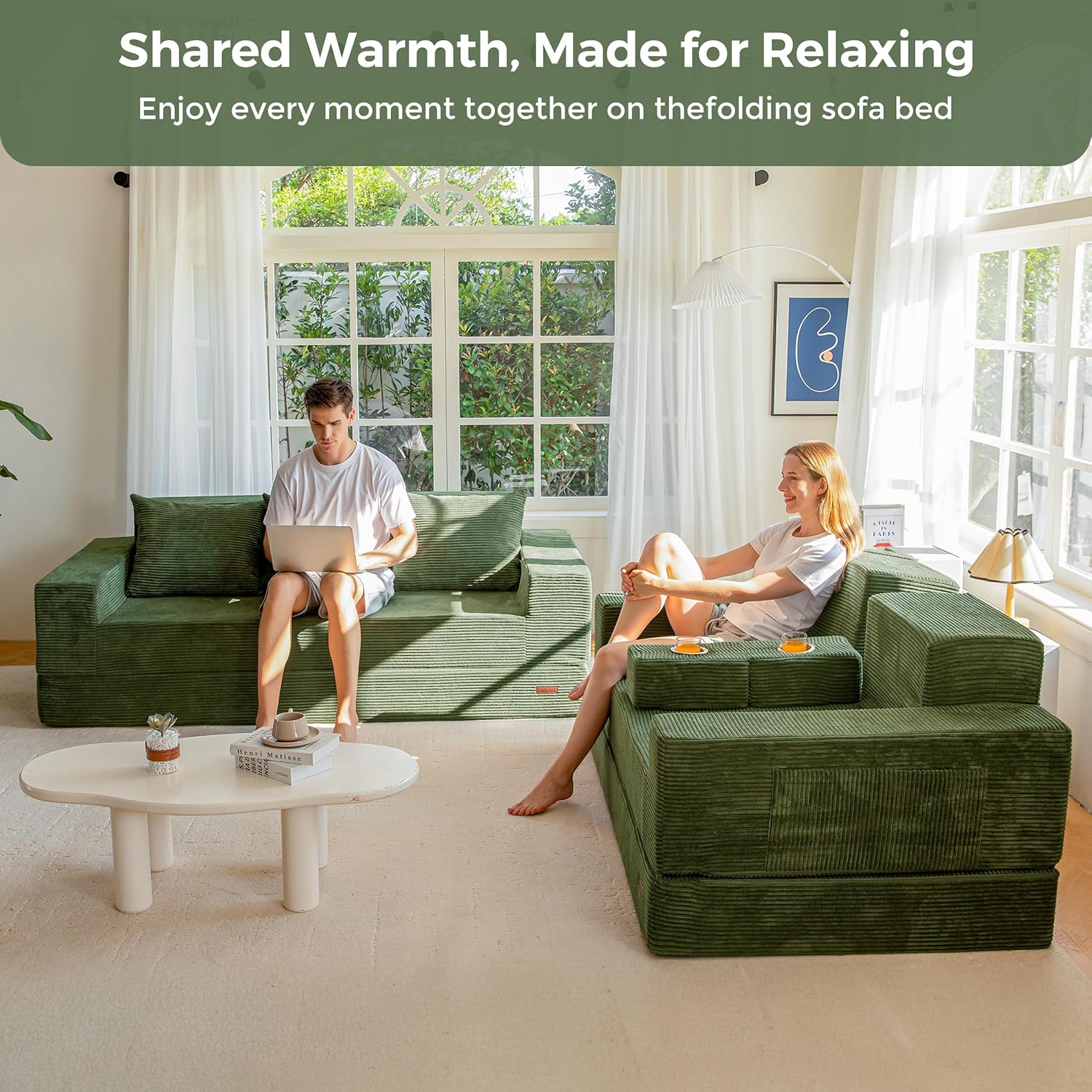 MAXYOYO Loveseat Sofa Bed, 64" Foldable Floor Sofa Couch in A Box with 2 Cup Holders, 4 in 1 Convertible Boneless Couch Folding Recliner Sleeper Chair for Living Room, No Assembly Required, Green