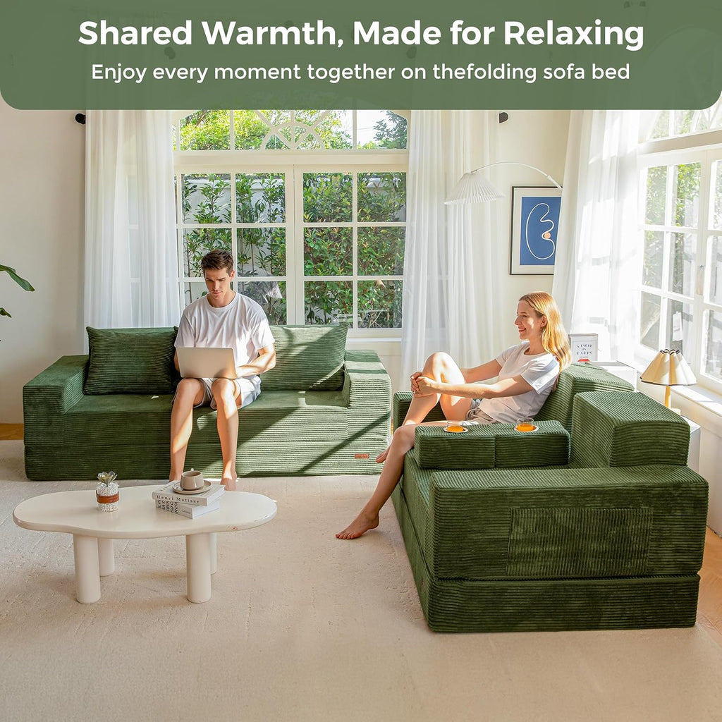 MAXYOYO Convertible Sofa Bed, 80" Oversized Boneless Loveseat Couch 4 in 1 Foldable Floor Sofa Couch in A Box with 2 Cup Holders, Folding Sleeper Chair for Living Room, No Assembly Required, Green