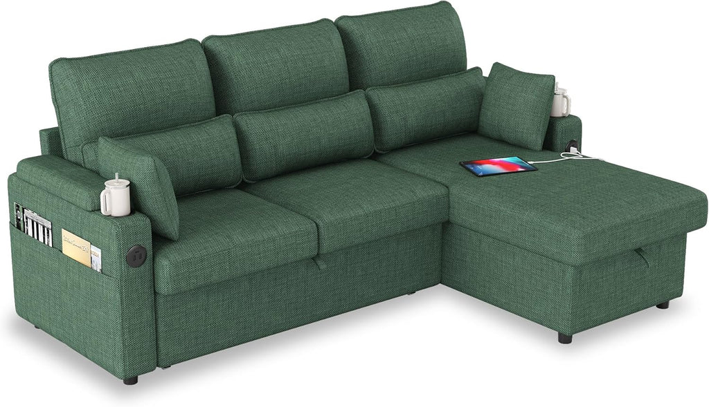 Sectional Sleeper Sofa with Pull Out Couch Bed, with Storage Chaise for Living Room, Comfy Linen Modular Sectional Sofa with Dual USB & Type-C, Cup Holders (Green, 81 Inches)