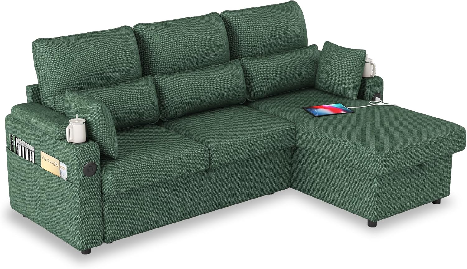 Sectional Sleeper Sofa with Pull Out Couch Bed, with Storage Chaise for Living Room, Comfy Linen Modular Sectional Sofa with Dual USB & Type-C, Cup Holders (Green, 81 Inches)