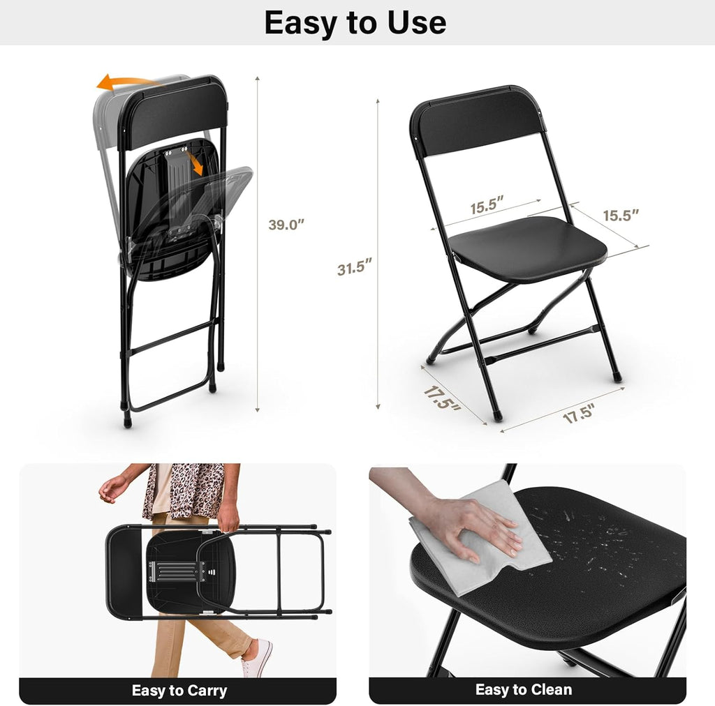 Bonnlo Folding Chairs Set of 10, Black Plastic Chair Sturdy Seat with Metal Frame, Perfect for Party, Event, Wedding, Birthday, Office, Outside Entertaining