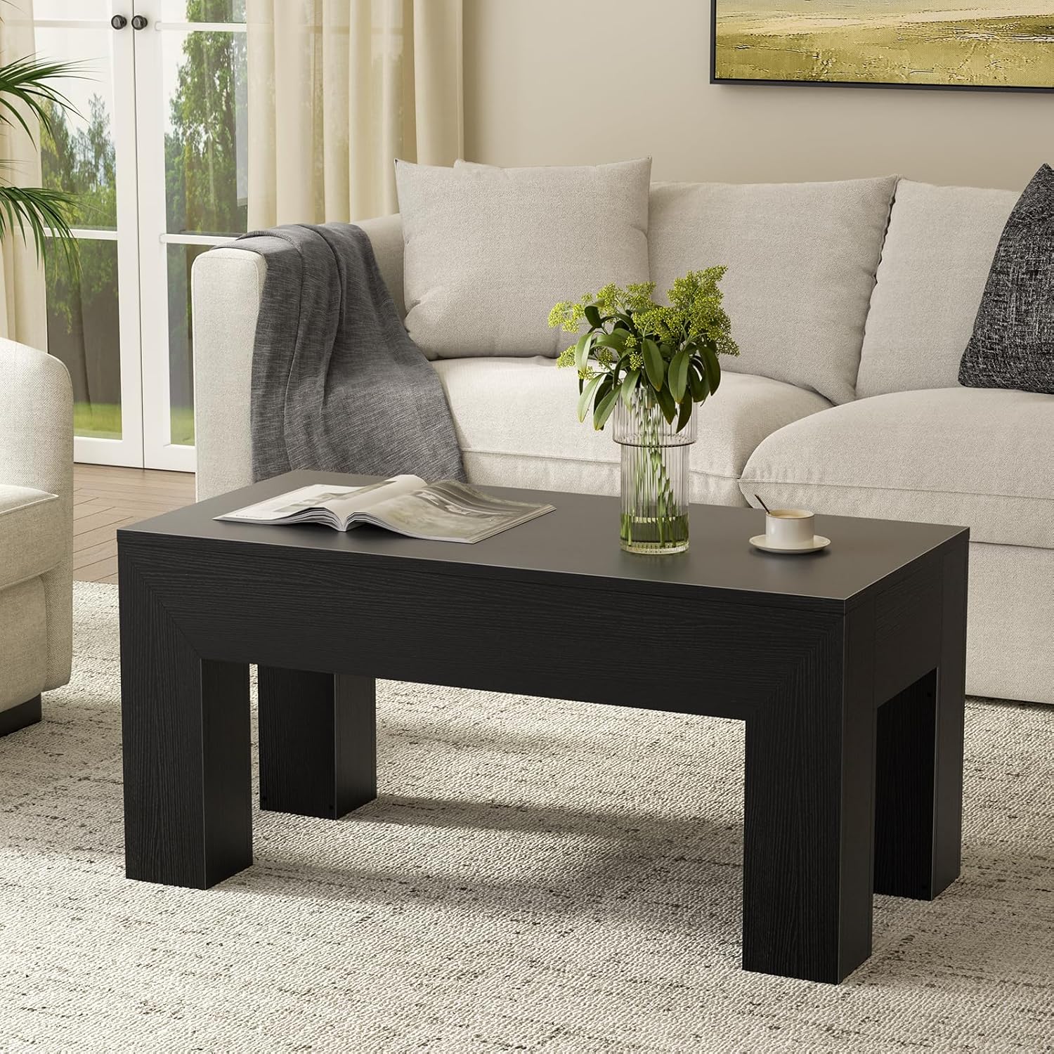 FABATO 41.7'' Lift Top Coffee Table, Wooden Rectangle Coffee Table with Hidden Storage, Large Center Table Adjustable Height Sofa Table for Living Room Office Apartment, Black