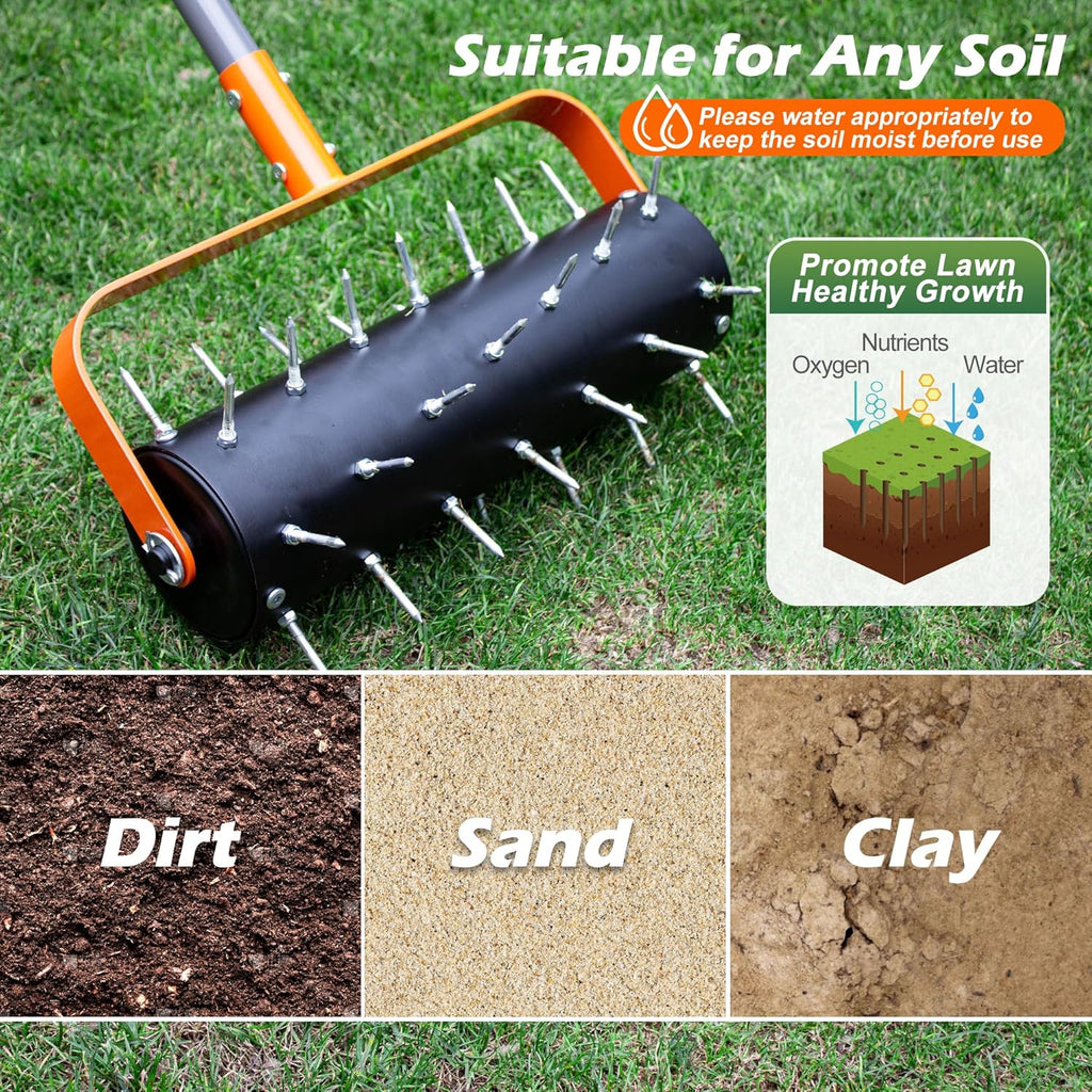 Walensee Rolling Lawn Aerator, Heavy Duty Manual Aerator Tool with 42 Spikes, Lawn Spike Aerator Roller with 71" Adjustable Handle, Soil Penetrator Push Lawn Aeration for Garden Yard Patio